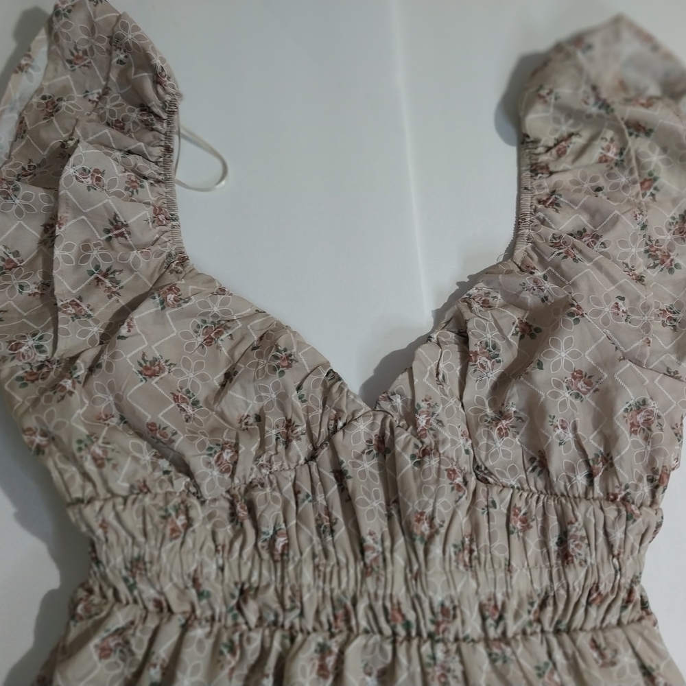 Altar D State Floral Maxi Dress Beige Ruffle Sleeve Cottagecore Prairie Dress - Picture 11 of 14